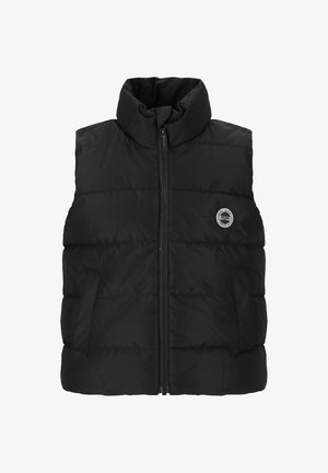 Zwarte gewatteerde vest met hoge kraag, ritssluiting aan de voorkant, twee zijzakken en een logo op de linkerborst. Glad textuur, gestikt ontwerp.