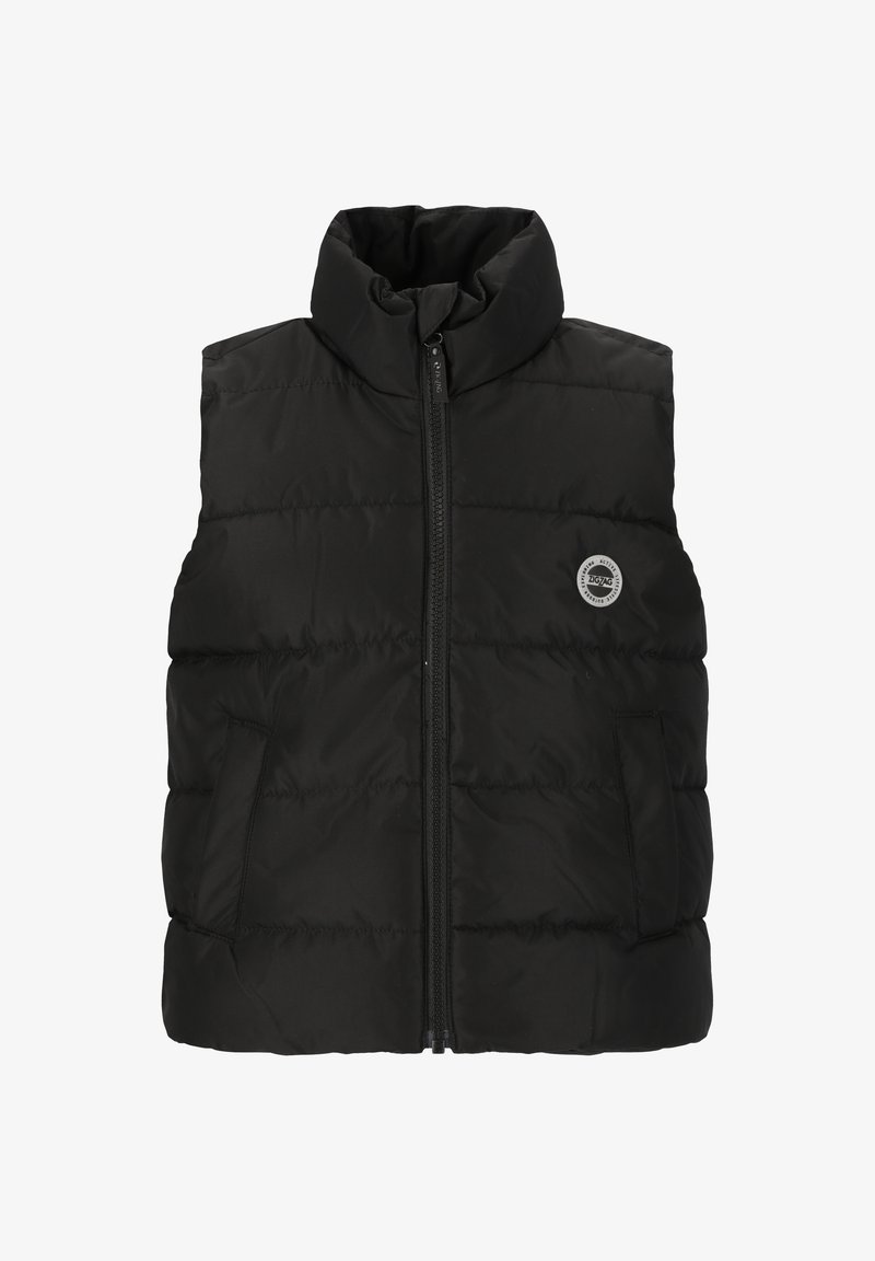 Schwarze gepolsterte Weste mit hohem Kragen, Frontreißverschluss, zwei Seitentaschen und einem Logo auf der linken Brust. Glatte Textur, gestepptes Design.