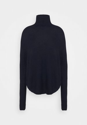 Marineblå hjelmhalsgenser laget av myk stoff, med lange ermer og rund kanten. Minimalistisk design, lett tekstur.