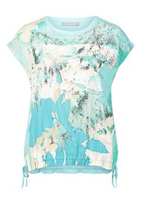 Blusa de manga corta color turquesa con estampado floral abstracto en crema y negro, cuello redondo, dobladillo elástico con lazos ajustables.