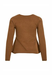 Pull marron en maille côtelée à manches longues avec un ourlet légèrement évasé et un col rond, vu de dos.