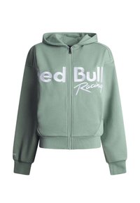Felpa verde chiaro con zip e scritta bianca "Red Bull Racing" sul davanti, con polsini e orlo a costine.