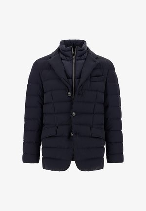 Giacca puffer blu navy con design da blazer, texture imbottita, due tasche frontali, doppio bottone e colletto alto. Chiusura con zip interna.