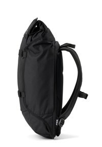 Black backpack with a streamlined design, made of durable fabric, featuring adjustable straps, a roll-top closure, and side pocket for storage.
