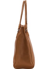 Borsa a tracolla in pelle marrone con finitura testurizzata, dotata di manici intrecciati e dettagli metallici, forma strutturata e ampia apertura sulla parte superiore.