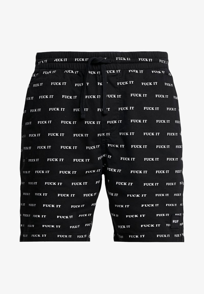 Shorts à cordon de serrage noirs recouverts d'un motif répétitif de texte blanc "FUCK IT" avec un petit écusson logo HUF noir et blanc à l'ourlet.