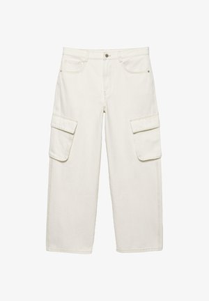 Pantaloni cargo color crema con gambe larghe, chiusura frontale con bottoni e cerniera, due tasche laterali con patta e due tasche anteriori e posteriori.