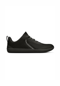 Black athletic shoes with a mesh upper, round toe, flat sole, and textured rubber outsole. Features include laces and a small pull tab.
