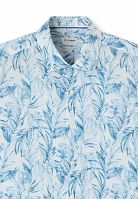Men’s short-sleeve button-up shirt with a blue and white tropical leaf pattern and a spread collar.