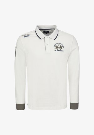 Bílá polokošile s dlouhým rukávem a námořnicky modrým límečkem a manžetami, na prsou s vyšitým textem a logem se dvěma koňmi.