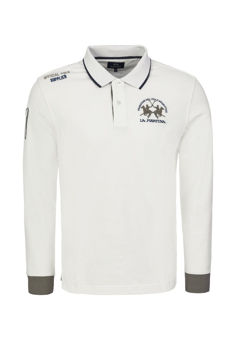 Bílá polokošile s dlouhým rukávem a námořnicky modrým límečkem a manžetami, na prsou s vyšitým textem a logem se dvěma koňmi.