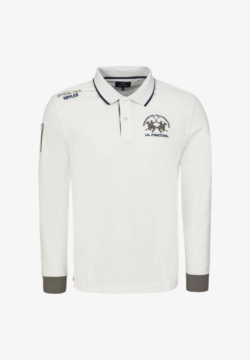 Bílá polokošile s dlouhým rukávem a námořnicky modrým límečkem a manžetami, na prsou s vyšitým textem a logem se dvěma koňmi.