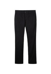 Pantaloni in cotone neri con design a gamba dritta. Presentano tasche frontali, chiusura a bottone e passanti per cintura. Texture liscia, dettagli ridotti al minimo.