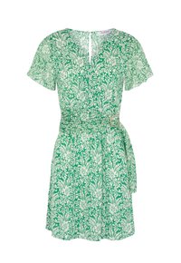 Grünes Blumenkleid mit V-Ausschnitt, kurzen Ärmeln und einem gebundenen Taillengürtel mit goldfarbigem Ringakzent. Leichter Stoff mit aufwendigen weißen Mustern.