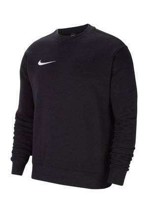 Schwarzes Sweatshirt mit Rundhalsausschnitt und langen Ärmeln, mit einem weißen Nike-Swoosh-Logo auf der oberen linken Brust.