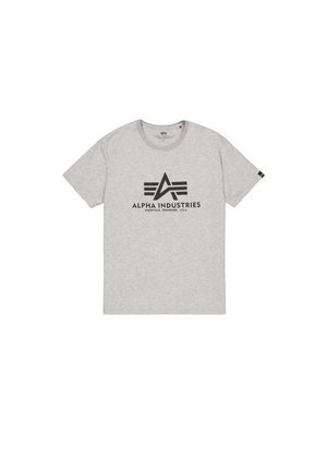 Light gray cotton t-shirt featuring a black printed logo with geometric design. Crew neckline and short sleeves. Tag on left sleeve.