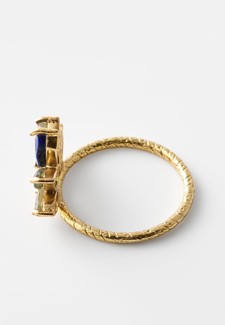 Goldfarbener Ring mit einer rechteckigen blauen und grünen Edelsteinfassung, die in einer erhöhten Krappenfassung auf einem weißen Hintergrund gesetzt ist.