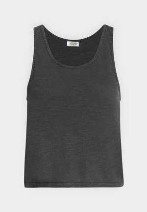 Αμάνικη φανέλα σε ανθρακί γκρι με στρογγυλή λαιμόκοψη, απαλό ύφασμα και μικρή λευκή ετικέτα μάρκας μέσα στον γιακά.