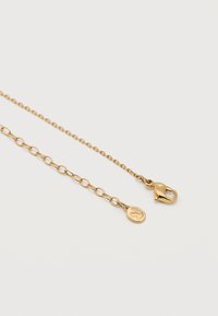 Δύο χρυσά αλυσίδια με διαφορετικά μεγέθη κρίκων, το ένα καταλήγει σε κούμπωμα αστακού και το άλλο σε μια μικρή εγχαραγμένη ετικέτα σε λευκό φόντο.