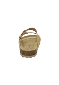 Back view of a tan sandal featuring a suede upper, a cork footbed, and a rubber outsole with a textured tread pattern.