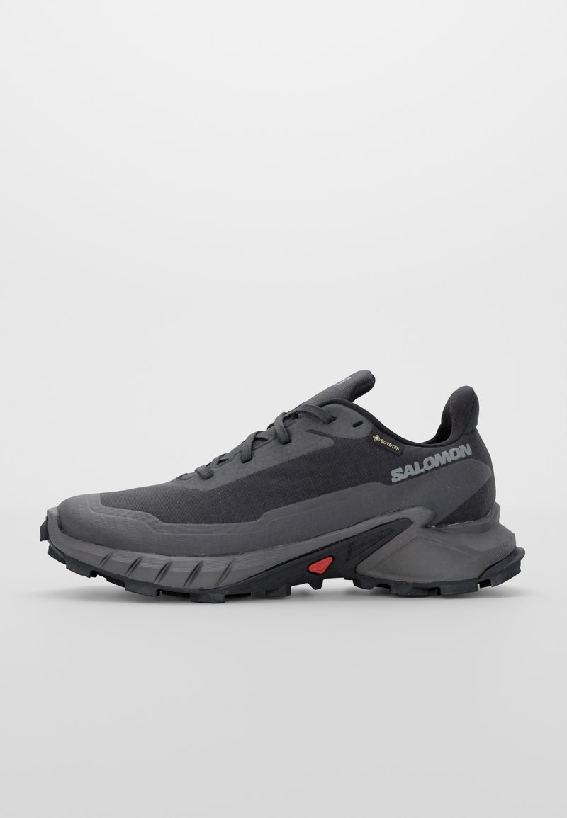 Chaussure de trail Salomon noire et grise avec étiquette Gore-Tex, semelle épaisse et robuste, et accent rouge sur le côté de la semelle.