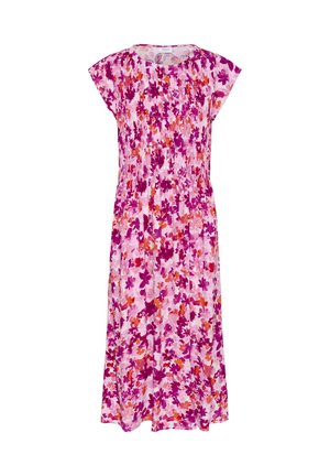 Blumenkleid in Midi-Länge mit gerafftem Saum, kurzen Ärmeln und einem rosa Grundton, verziert mit lila und orangefarbenen Blumenmustern.