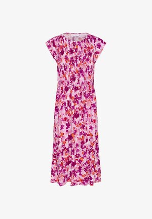 Ziedu vidēja garuma kleita ar šūtu jostu, kapu piedurknēm un rozā pamatu, uz kura ir purpura un apelsīnu ziedu raksti.