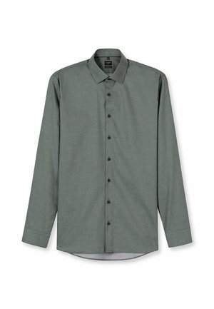 Langarmshirt in gematigd olijfgroene stof met een button-down kraag, zwarte knopen en een gebogen zoom. Beschikt over een gestructureerde afwerking.