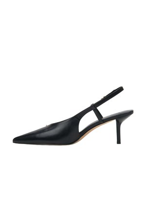 Zwarte leren slingback hak met puntige neus, 7 cm smalle hak, uitgestanste zijkanten en een minimalistisch ontwerp. Glad oppervlak met subtiele accenten.
