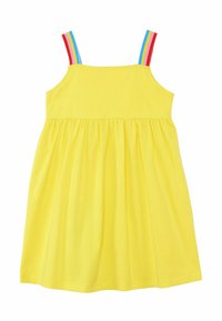 Gelbes Baumwollkleid mit gerafftem Rock, leuchtend mehrfarbigen gestreiften Schulterträgern und einem einfachen ärmellosen Design.