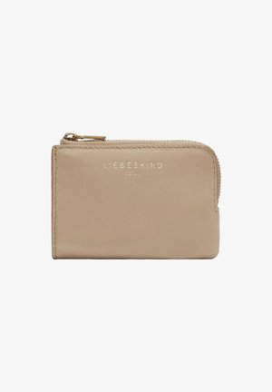 Beige leather wallet with a zip closure, featuring subtle top-stitching and embossed logo on the front. Smooth texture with minimal accents.