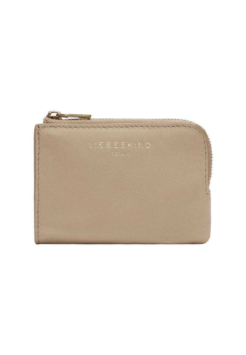 Beige Leder-Wallet mit Reißverschluss, ausgestattet mit dezenten Obernähten und geprägtem Logo auf der Vorderseite. Glatte Textur mit minimalen Akzenten.