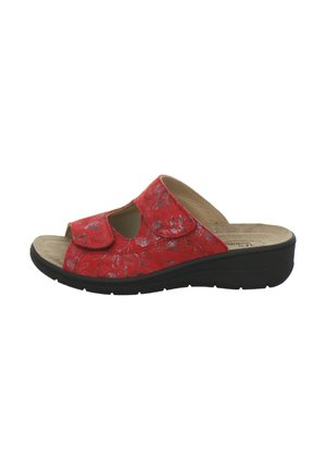 Red open-toe slip-on sandal with two adjustable velcro straps and a black cushioned sole, featuring subtle floral patterns.