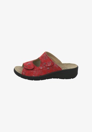 Red open-toe slip-on sandal with two adjustable velcro straps and a black cushioned sole, featuring subtle floral patterns.
