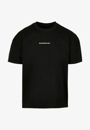 Sort bomulds T-shirt med rund hals, korte ærmer og en lille hvid logo tekst "MJGONZALES™" trykt på forsiden.