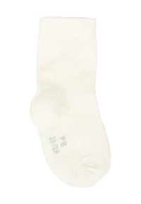 Calzino bianco singolo per neonato con bordo a costine, leggermente piegato alla caviglia, e piccole marcature della taglia stampate vicino all'area delle dita.
