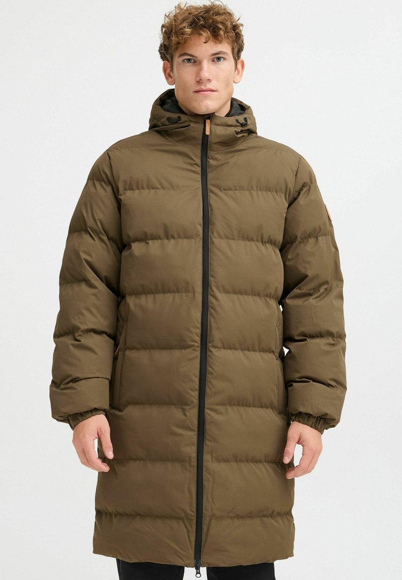 Long olive-green padded coat with a front zipper, hood, and elastic cuffs. Features a smooth fabric texture and a square quilted pattern.