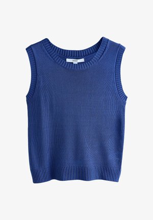 Blaues ärmelloses Stricktop mit runder Ausschnitt, gerippten Kanten und glatter Textur. Hergestellt aus leichtem Material, ideal zum Schichten.