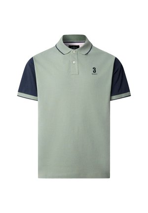 Hellgrünes Poloshirt mit dunkelblauen Ärmeln, zwei Knöpfen und einem "3 Hackett"-Logo auf der Brust.