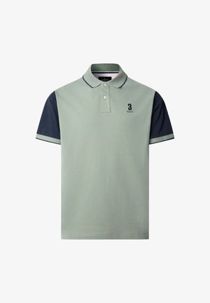 Light green polo shirt with dark navy sleeves, two buttons, and a "3 Hackett" logo on the chest.
