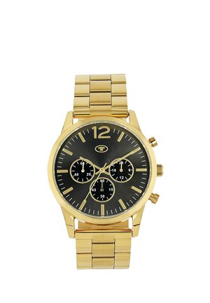 Goldene Metall-Armbanduhr mit schwarzem Zifferblatt, drei kleineren Chronographen-Unterzifferblättern und goldenen Stundenmarkierungen, darunter eine große Ziffer 12.