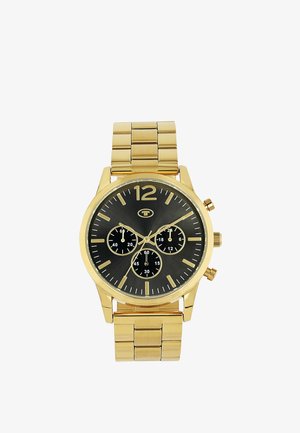 Gold metal wristwatch with black dial, three smaller chronograph subdials, and gold hour markers including a large numeral 12.