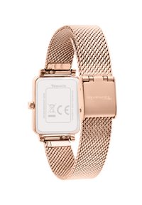 Roségoldene Mesh-Armbanduhr mit quadratischem Gehäuse, Edelstahlrücken und texturiertem Band mit einem sicheren Verschluss.