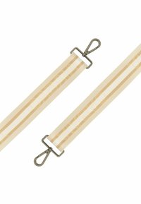 Beige Gurt mit vertikalen weißen und hellbraunen Streifen, ausgestattet mit Metallclips an beiden Enden. Das strukturierte Gewebe verbessert den Grip.