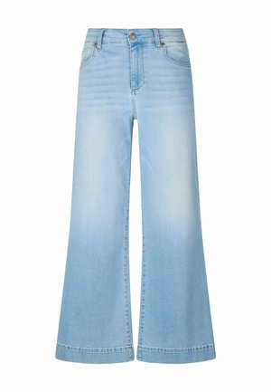 Jeans larges bleu clair en denim. Dotés d'une fermeture à bouton, de quatre poches et d'une texture légèrement usée le long des jambes.
