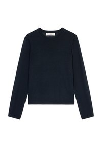 Pull à manches longues bleu marine en tissu doux. Présente un col rond et une coupe ajustée et courte, sans motifs ni accents supplémentaires.