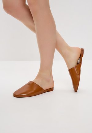 Ben iført brune læder slip-on mule sko med spids tå på en ensfarvet lys baggrund, den ene fod løftet og viser skosål.