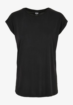 Fekete, rövid ujjú póló sima anyagból. Kerek nyakkivágás és laza szabás, felgöngyölt ujjakkal. Egyszerű, egyszínű, minta nélküli.