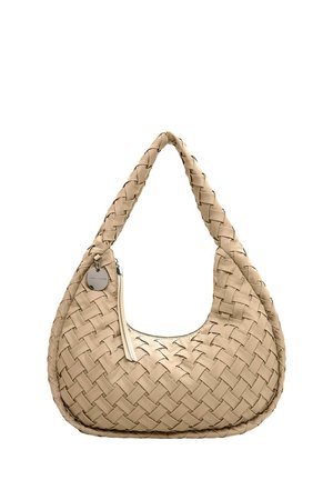Woven beige handbag with a curved shape, a short handle, and a zippered closure featuring a metal tag and contrasting stitching details.
