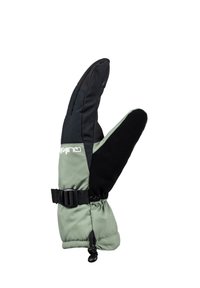 Isolerade handskar i olivgrön och svart, med en tre-fingersdesign, justerbart handledsband och elastisk mudd för en säker passform.